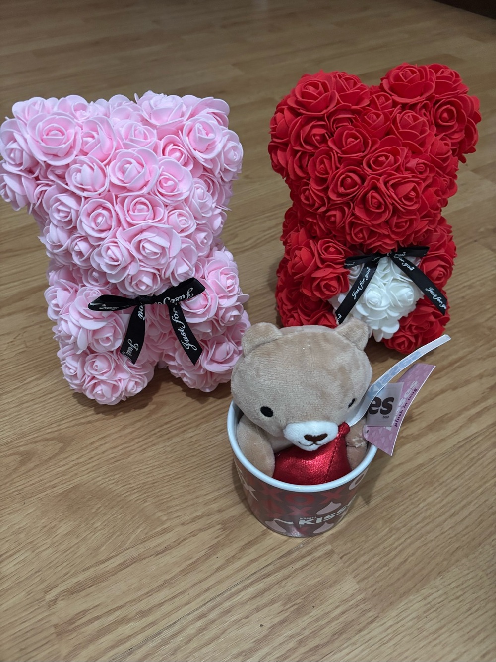 Pink Rose Teddy Bear Figurine with Black Ribbon